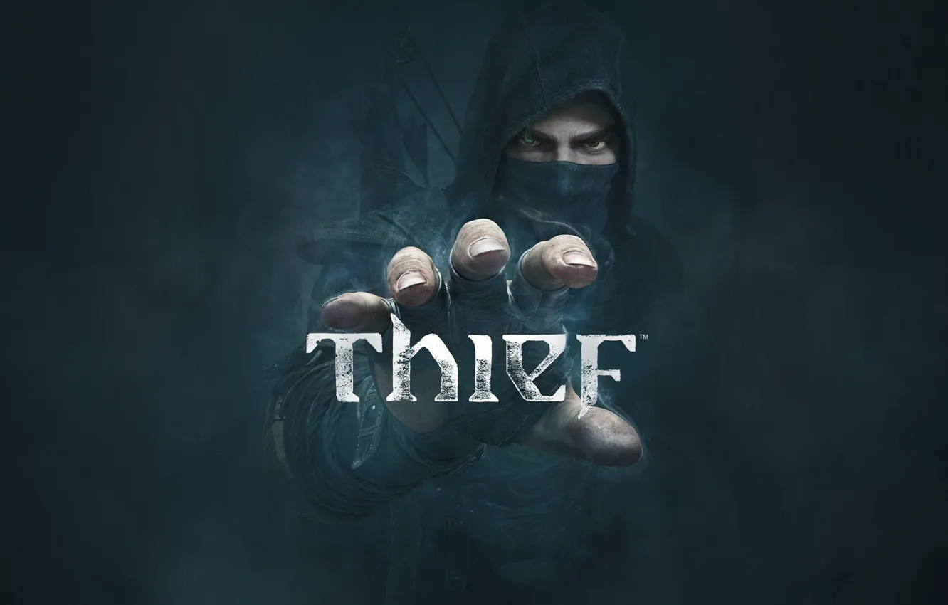 Photo wallpaper look, fog, hand, logo, hood, arrows, thief, Eidos Interactive