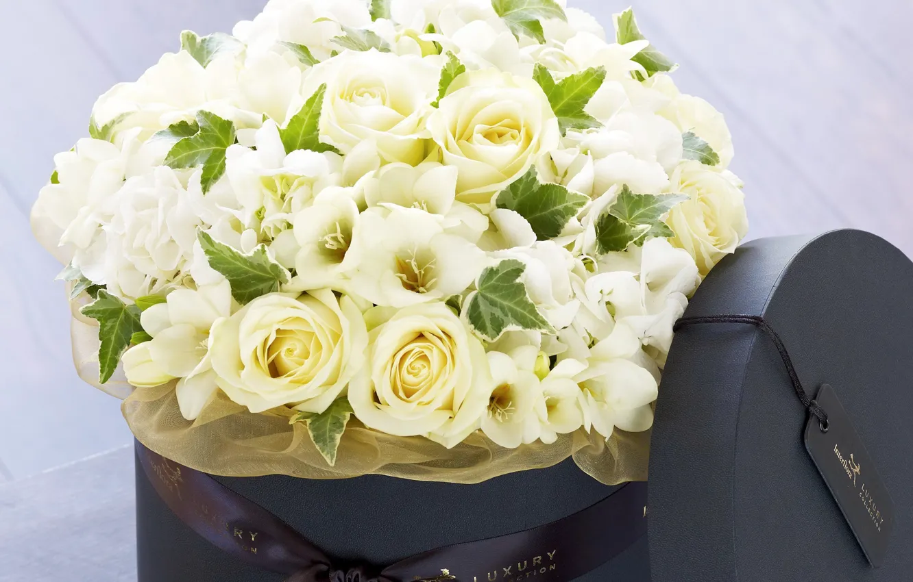 Photo wallpaper flowers, box, gift, roses, bouquet, white, eustoma