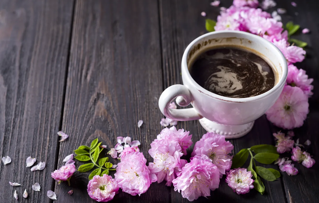 Photo wallpaper flowers, pink, wood, pink, blossom, flowers, coffee cup, a Cup of coffee