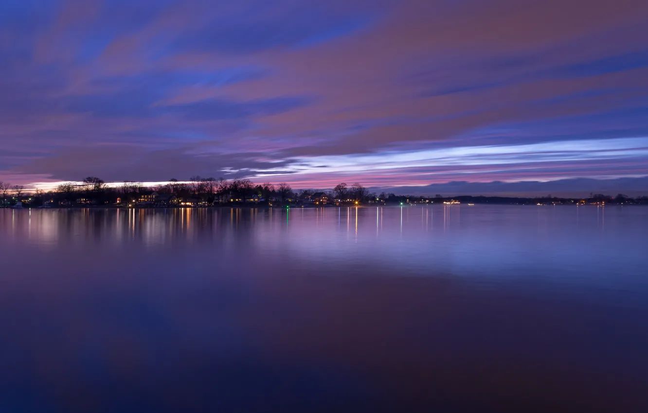 Photo wallpaper purple, the sky, clouds, trees, sunset, lights, river, shore