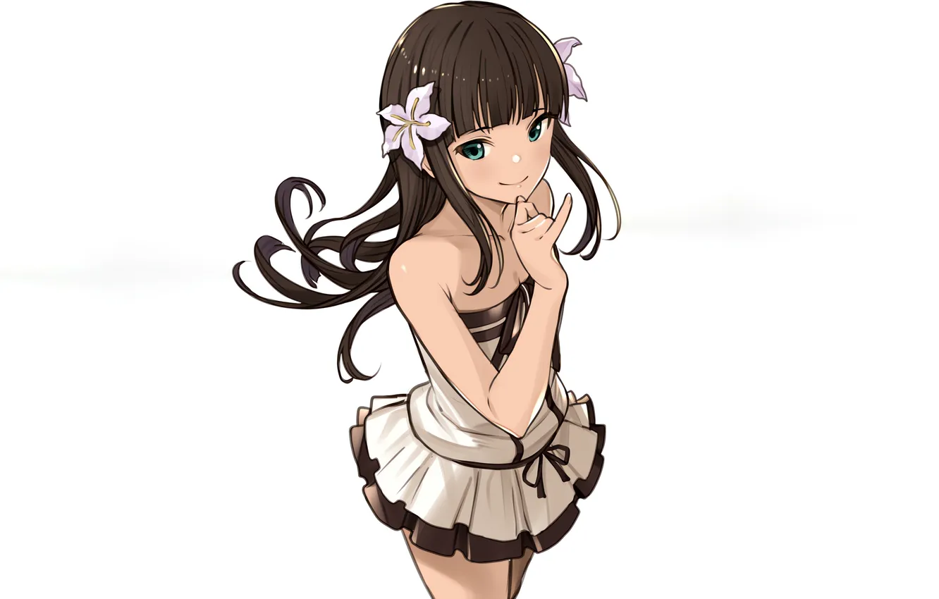 Photo wallpaper girl, green eyes, long hair, dress, brown hair, anime, flowers, beautiful