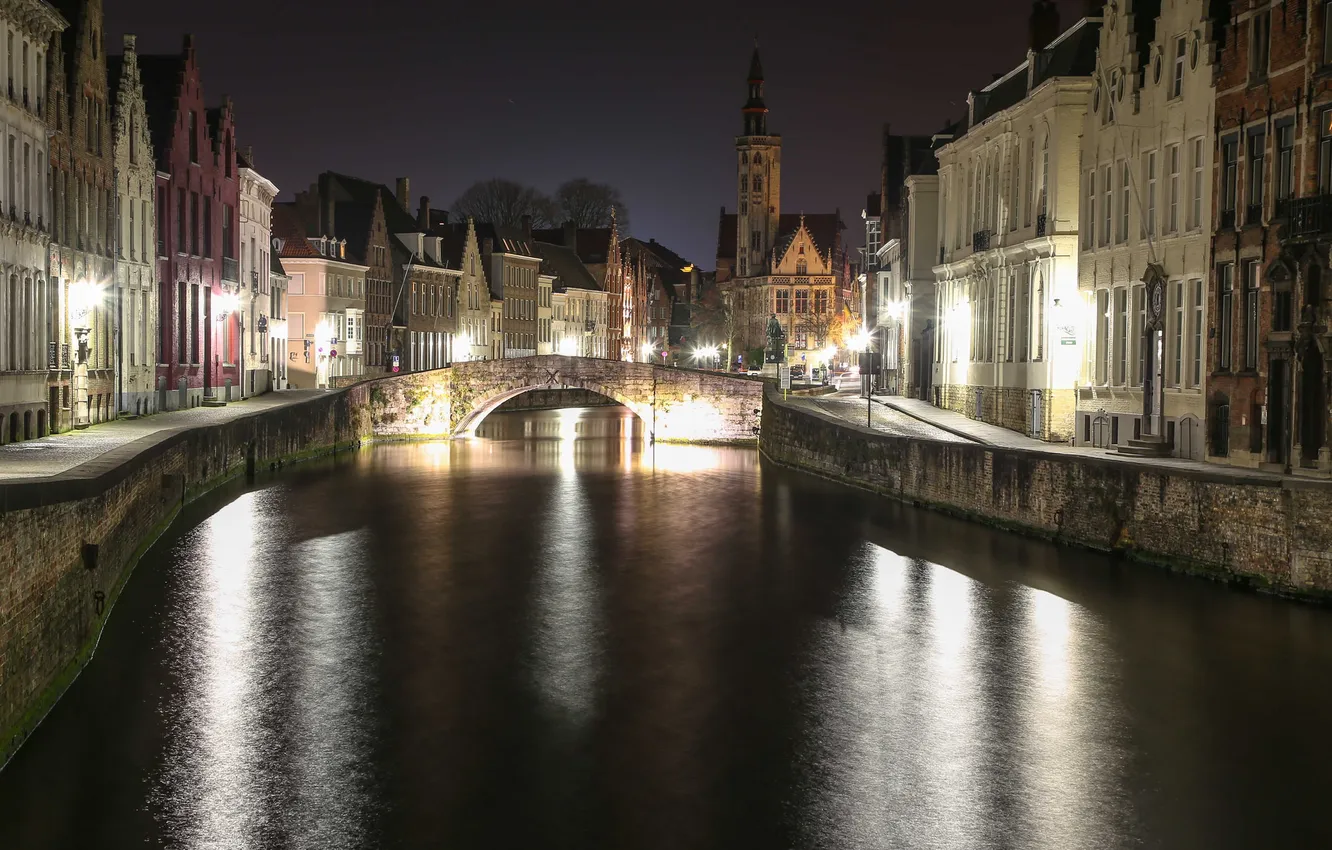 Photo wallpaper the sky, night, bridge, lights, home, channel, Belgium, Bruges