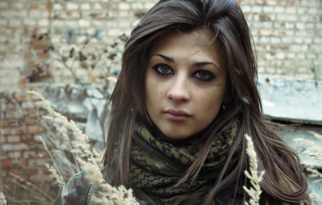 Photo wallpaper look, girl, scarf, brown hair, curls, dry grass, KLGR