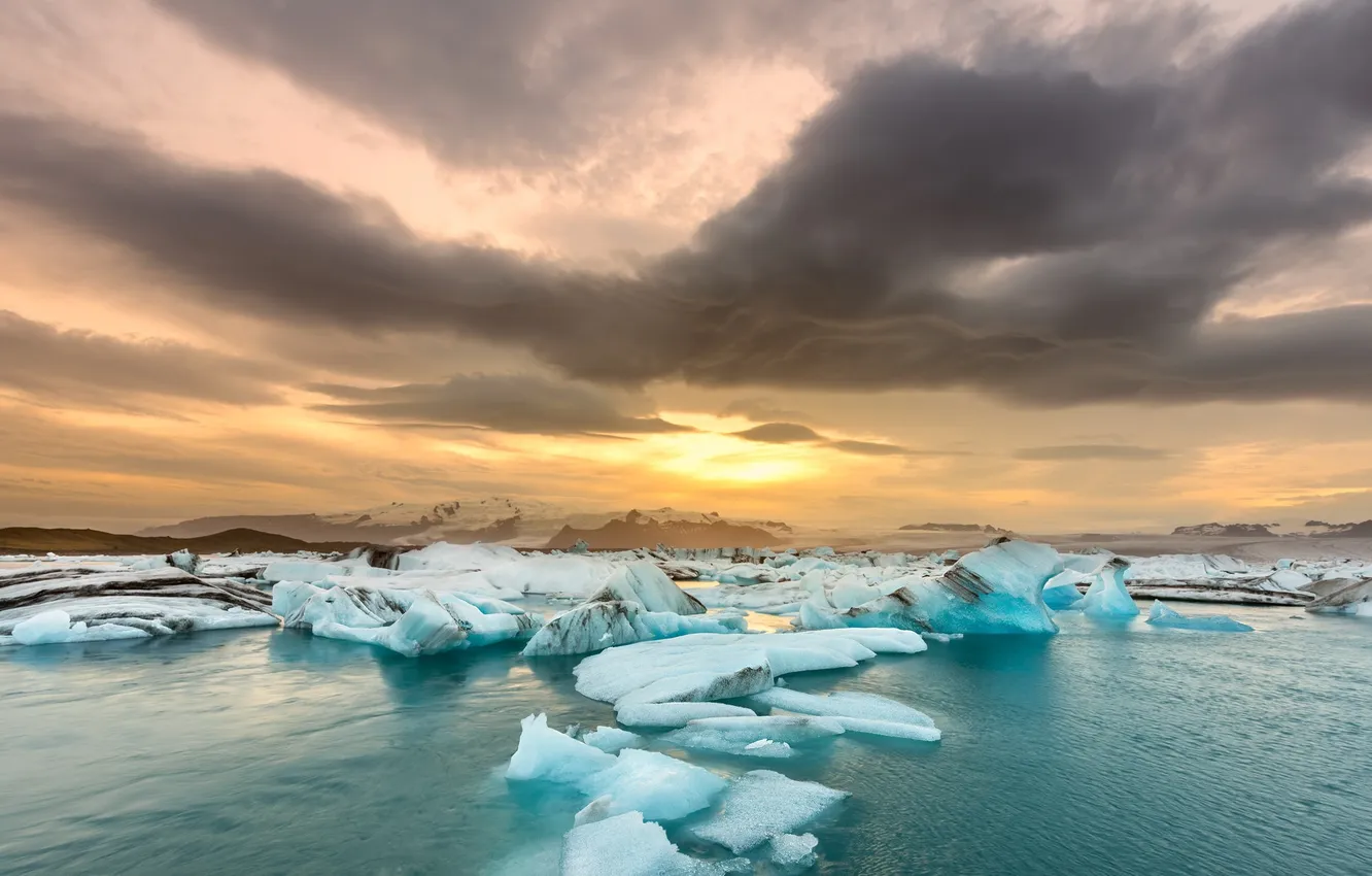 Photo wallpaper ice, sunset, river