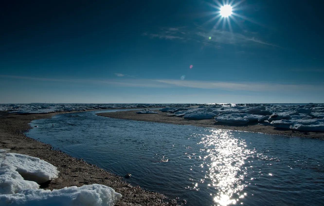 Photo wallpaper ice, water, the sun, river, the game, spring, track