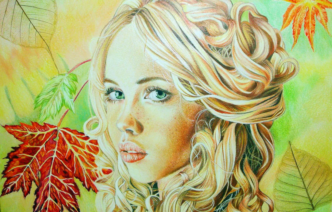 Photo wallpaper autumn, look, leaves, girl, face, blonde, lips, painting