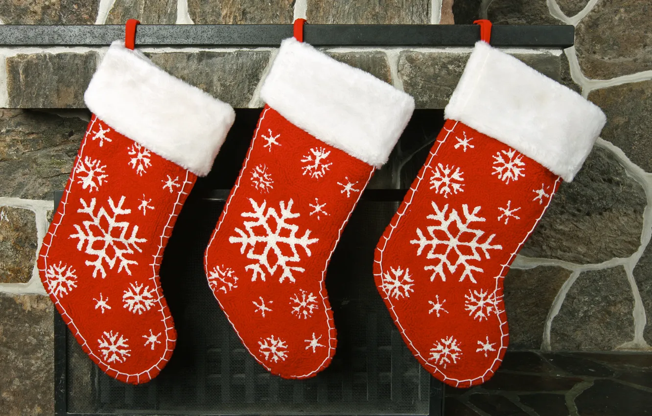Photo wallpaper red, holiday, Christmas, socks, fireplace, decor, Christmas