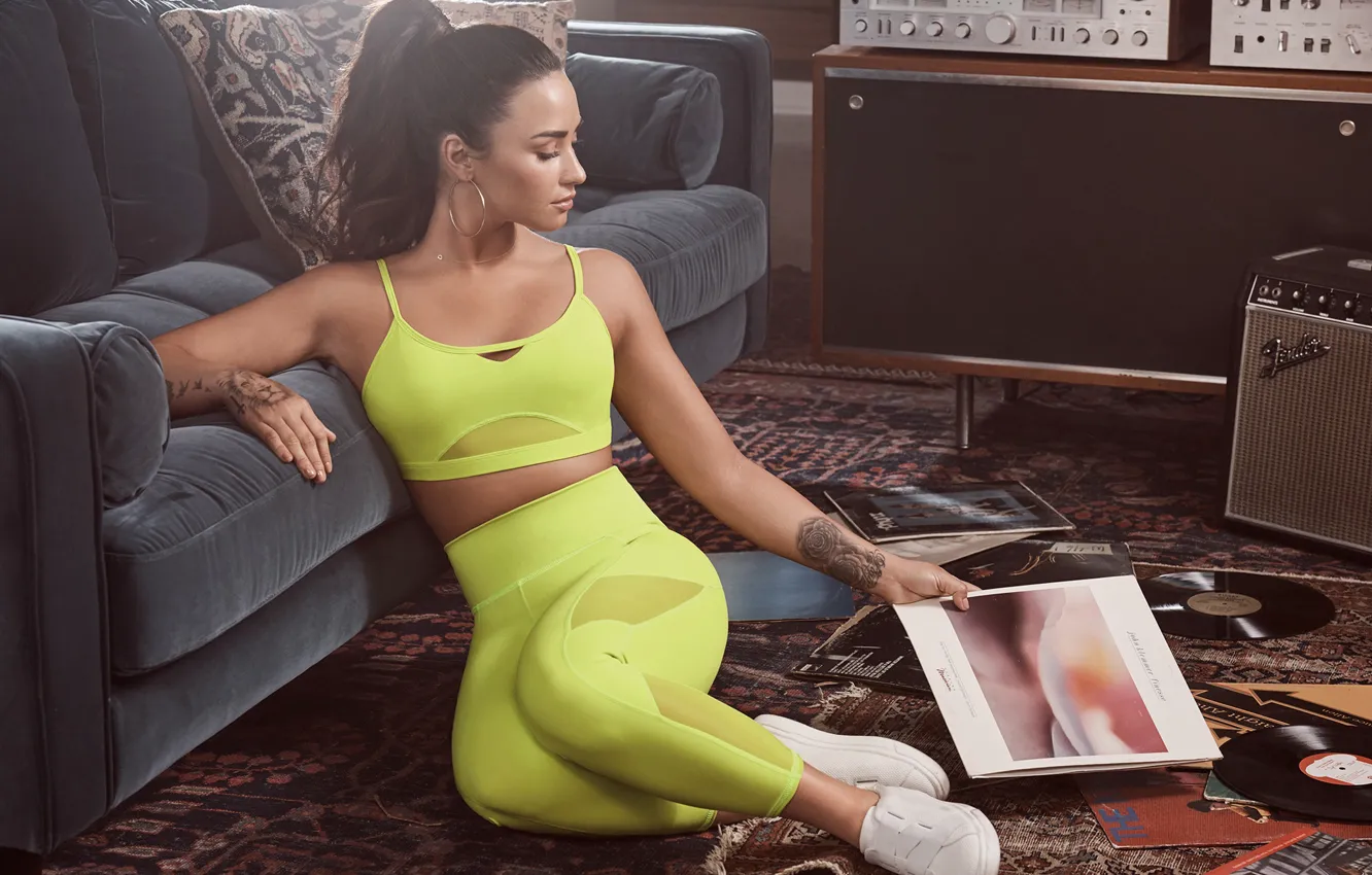 Photo wallpaper girl, sport, costume, record, sitting, Demi Lovato, Fabletics