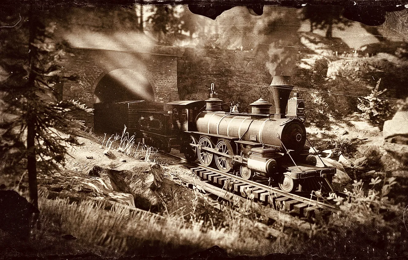 Photo wallpaper HDR, Train, Smoke, Game, Rocks, Trees, Tunnel, UHD