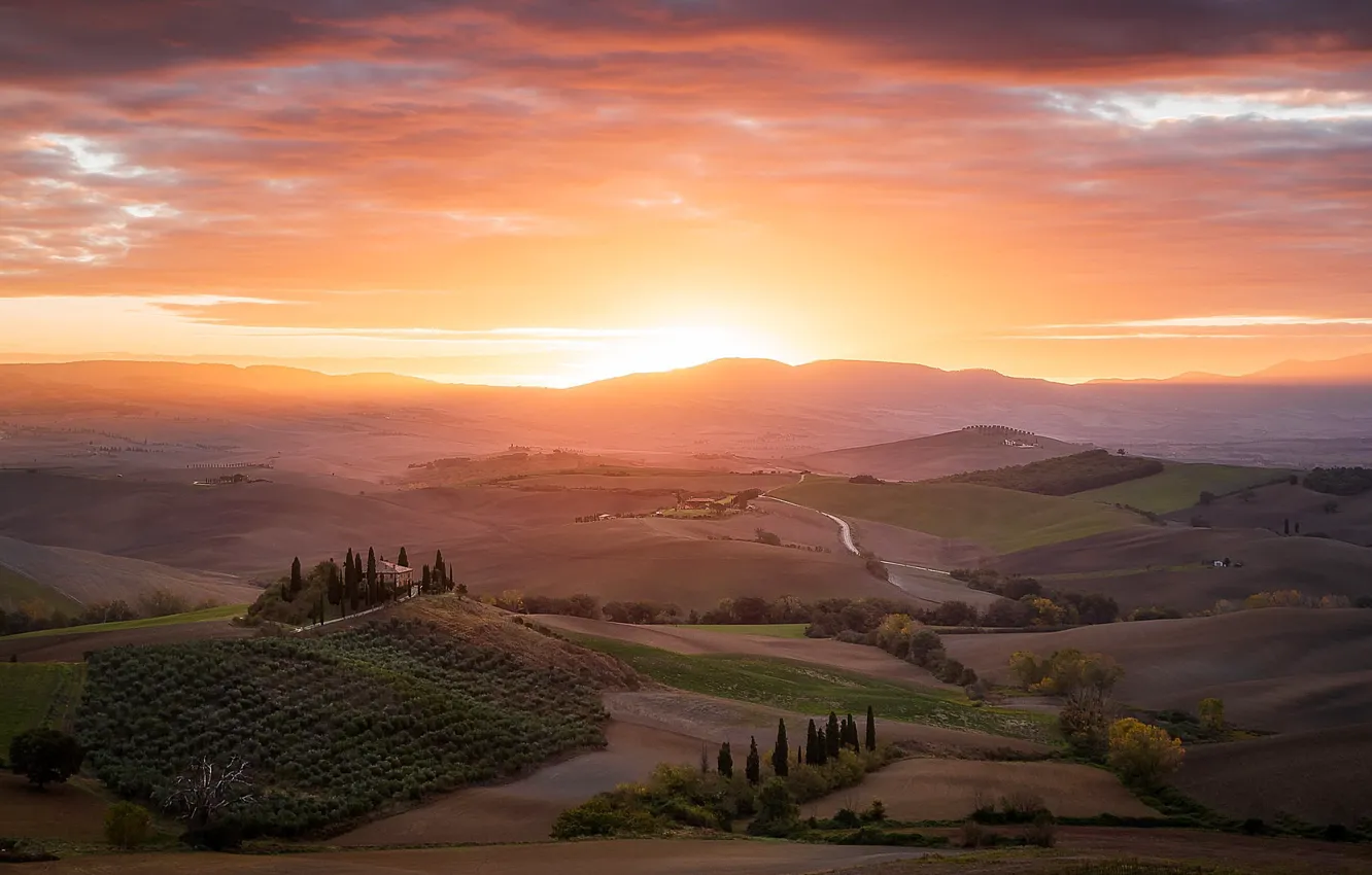Photo wallpaper dawn, morning, Italy, Tuscany
