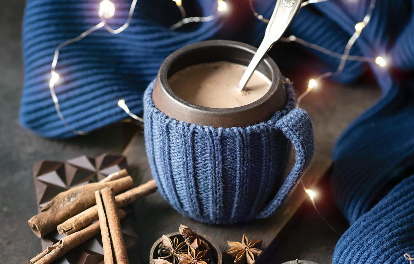 Photo wallpaper winter, coffee, hot, chocolate, cinnamon, garland