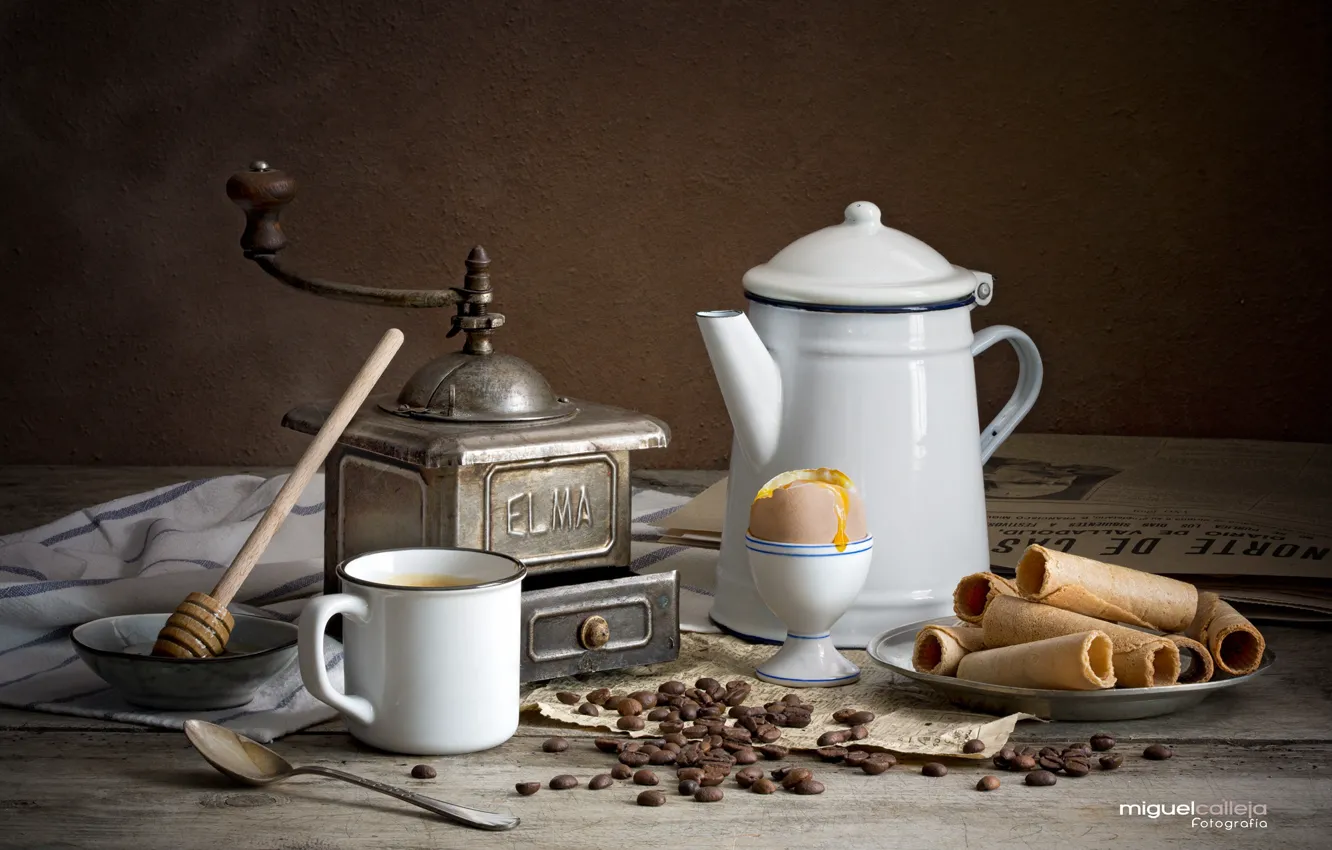 Photo wallpaper egg, coffee, grain, honey, mug, still life, tube, coffee grinder