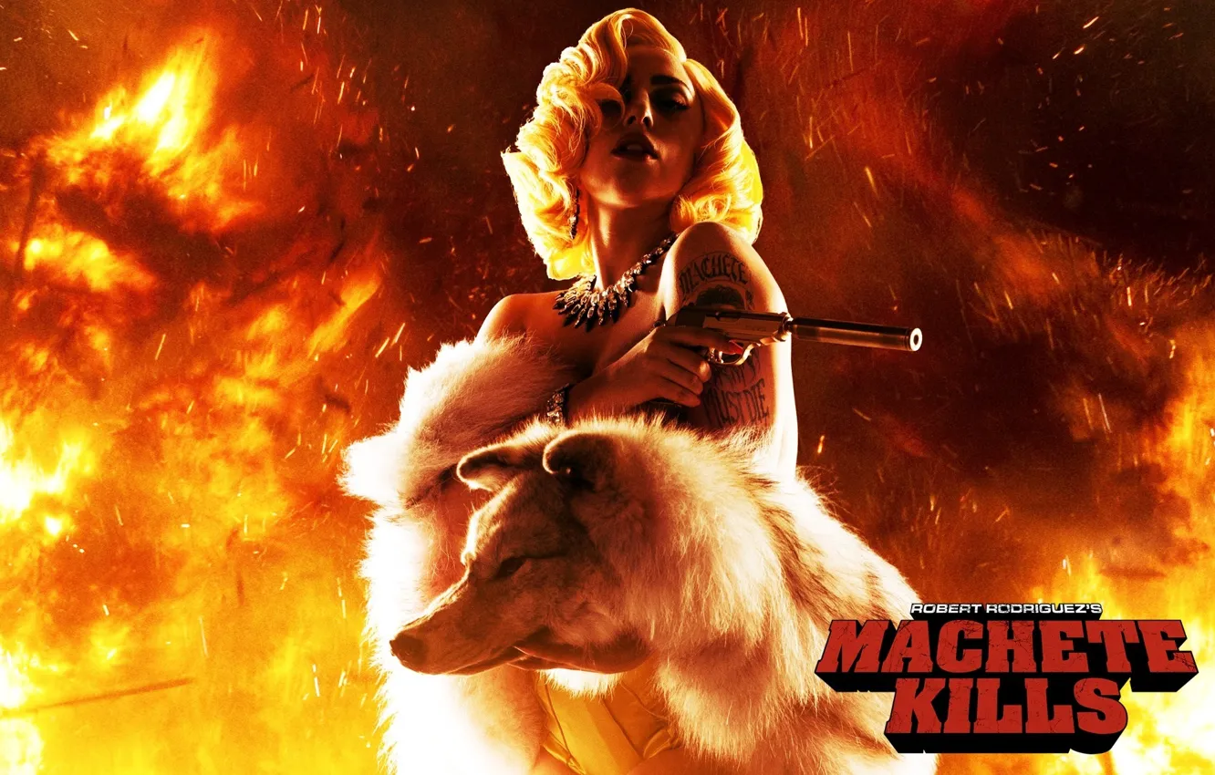 Photo wallpaper gun, wolf, muffler, lady gaga, lady Gaga, machete kills, machete kills