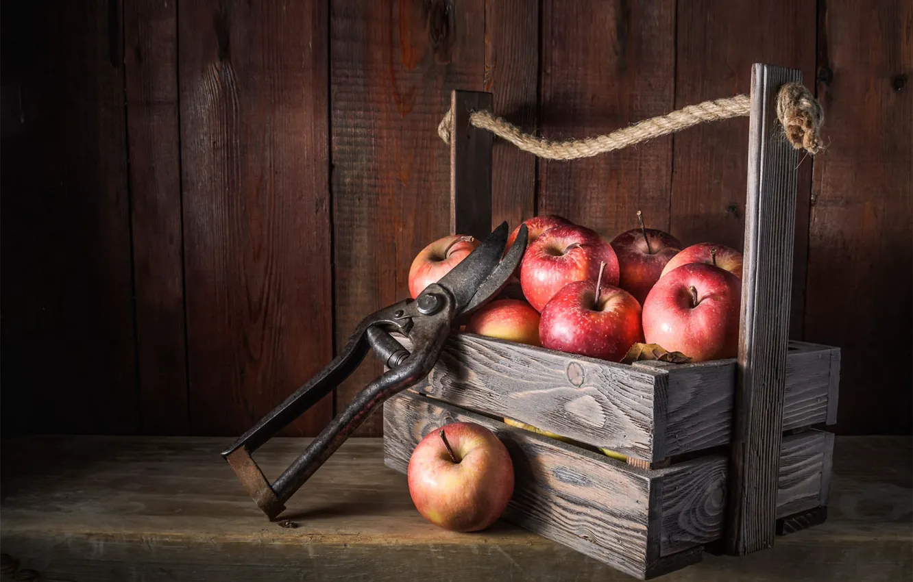 Photo wallpaper red, table, apples, Board, rope, fruit, still life, box