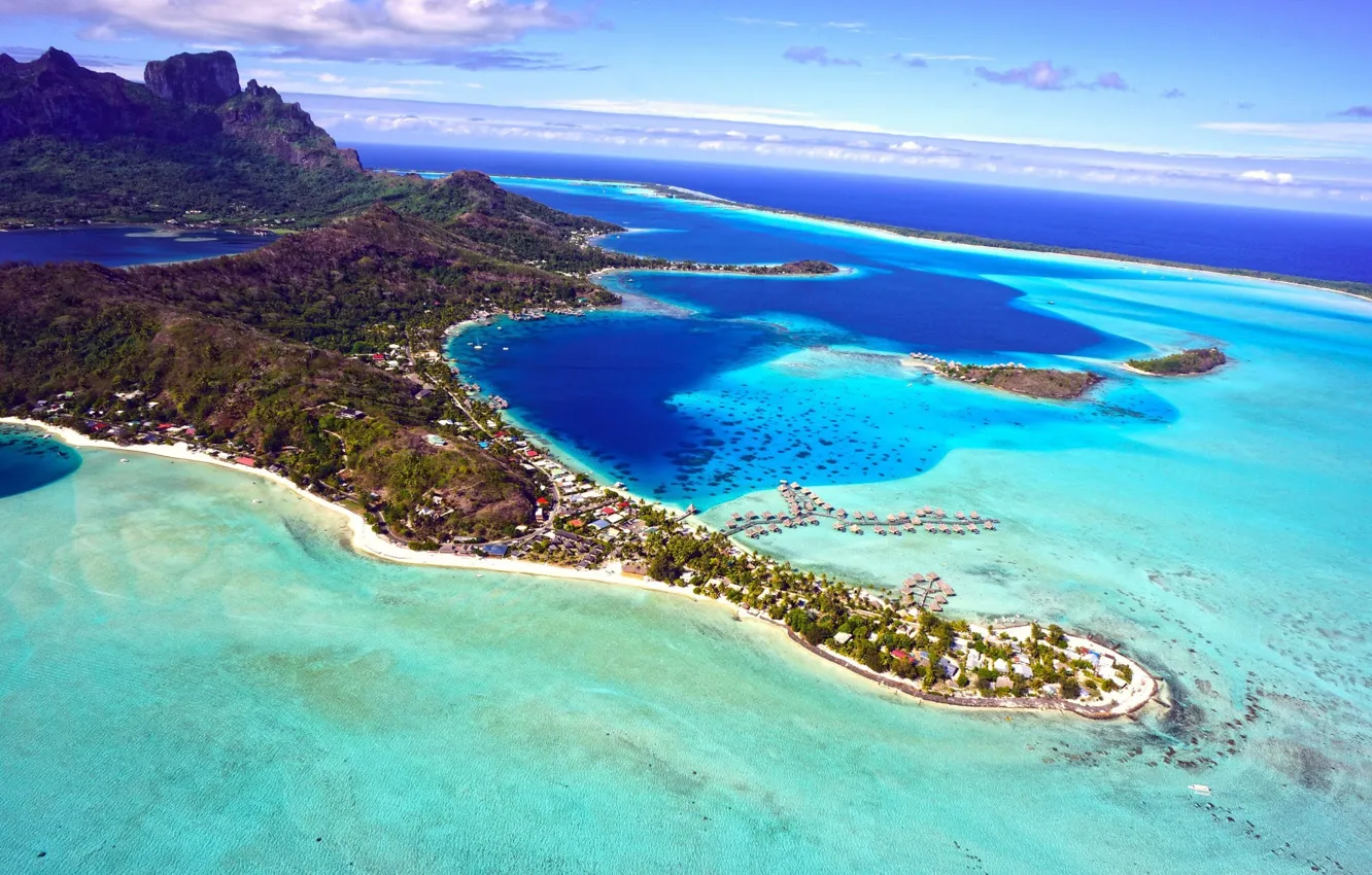 Photo wallpaper the ocean, island, Bora Bora, resort, Laguna, the view from the top, archipelago, French Polynesia