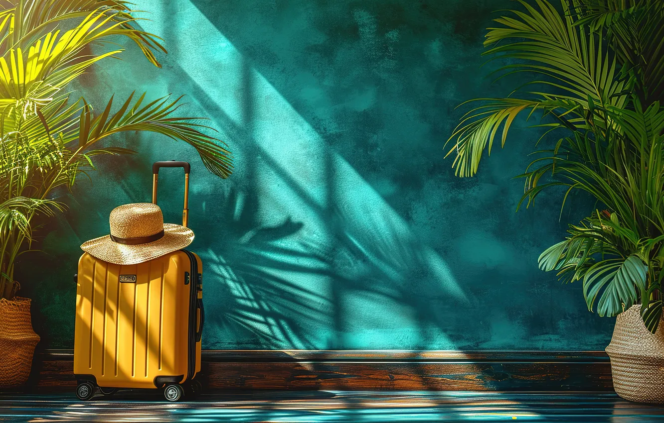 Photo wallpaper beach, summer, palm trees, shore, vacation, suitcase, summer, beach