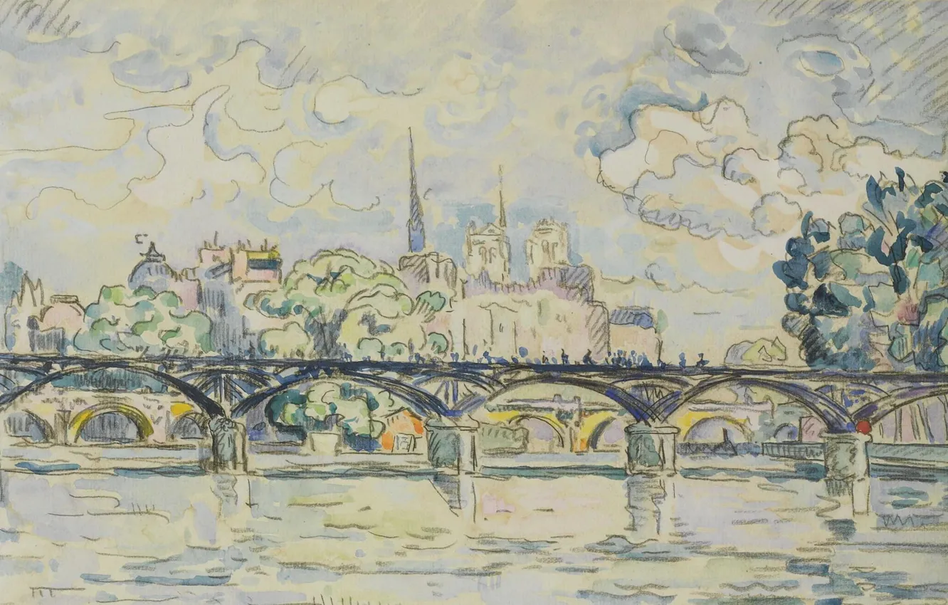 Photo wallpaper figure, watercolor, Paul Signac, Paul Signac, Paris. The Pont Des Arts