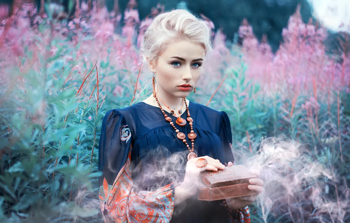 Photo wallpaper field, look, girl, flowers, nature, face, pose, fog