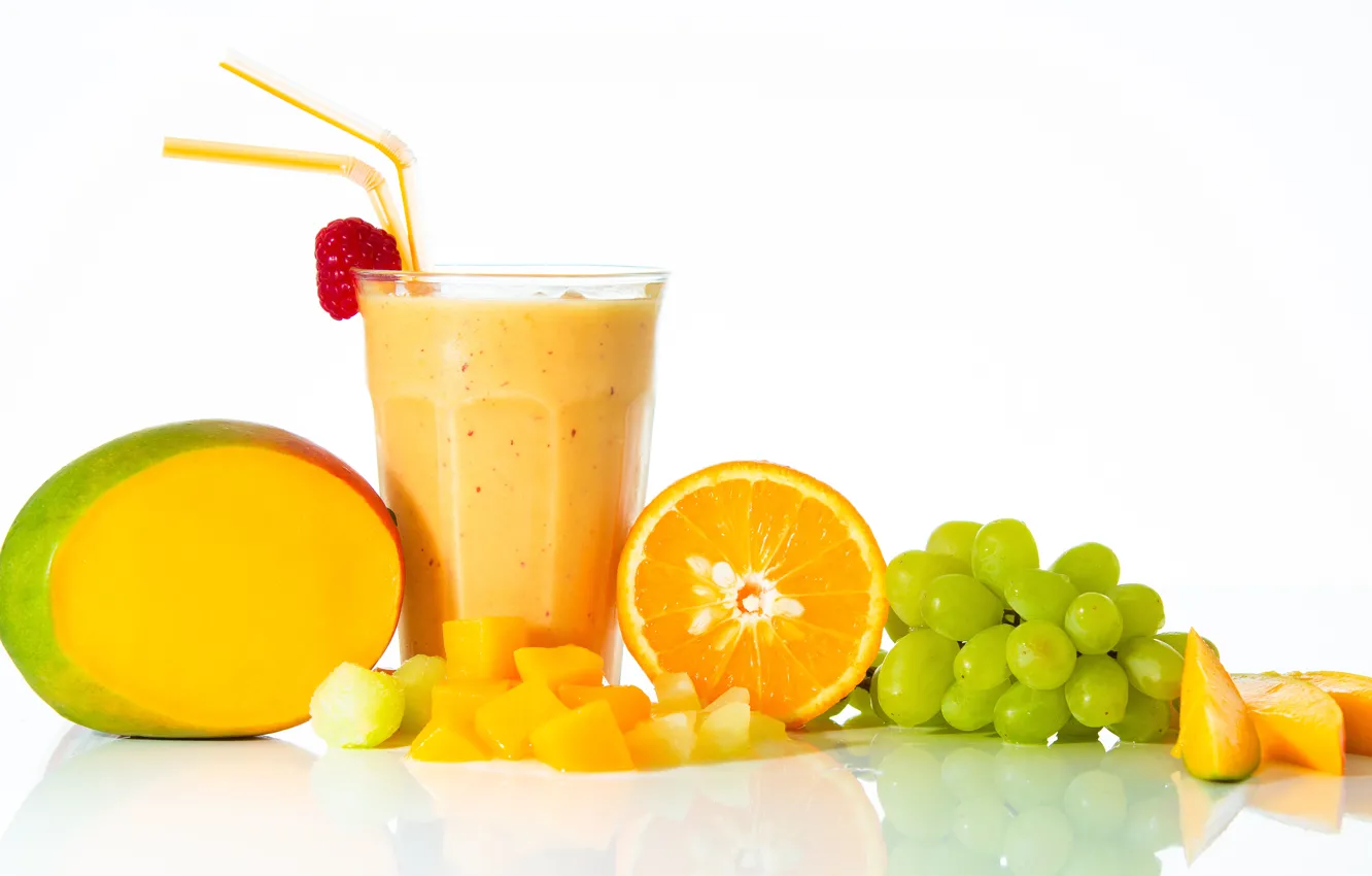 Photo wallpaper glass, berries, background, orange, grapes, drink, fruit, mango