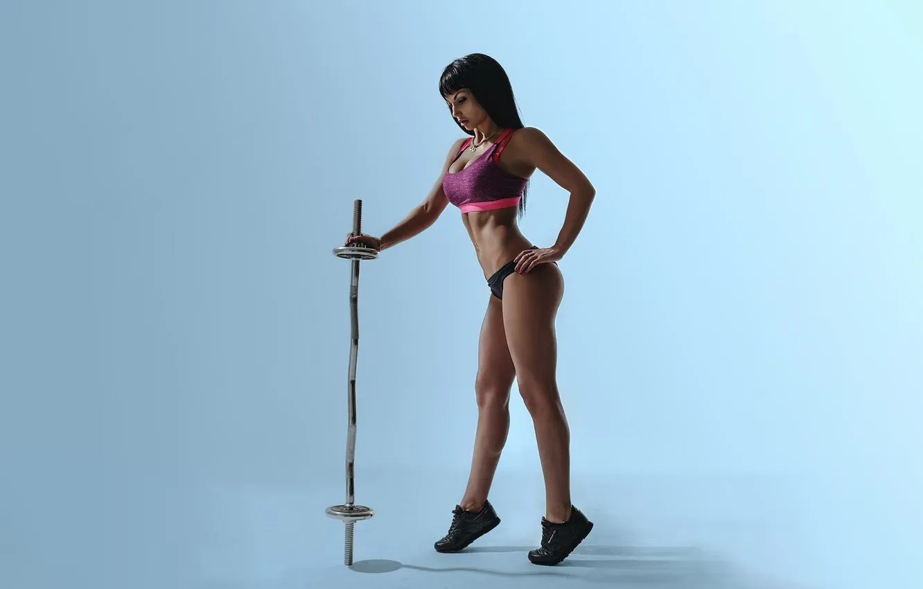 Photo wallpaper girl, sports, fitness model, barbell