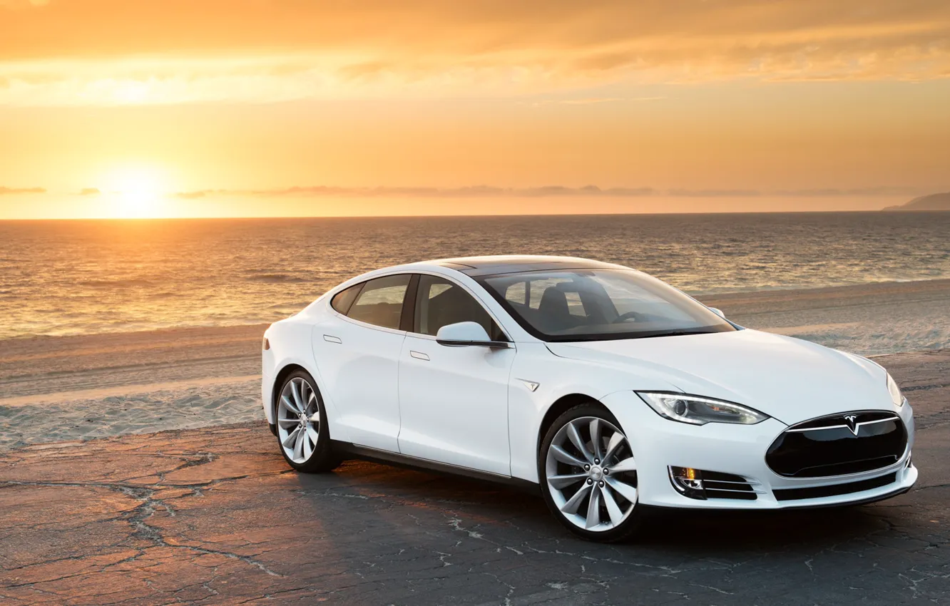 Photo wallpaper beach, sunset, electric car, Tesla Model S