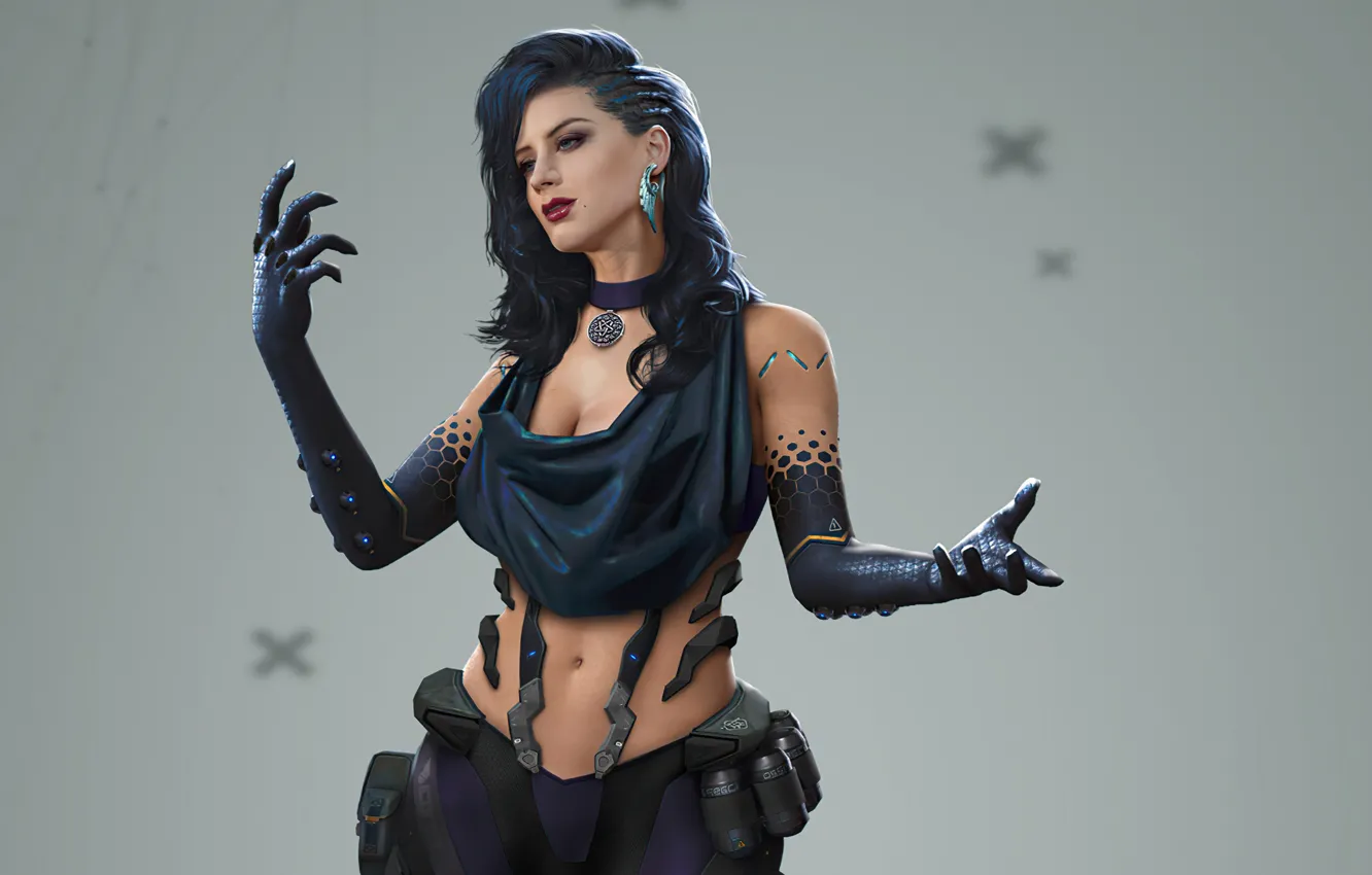 Photo wallpaper decoration, pose, grey background, black hair, gesture, pose, black hair, jewelry