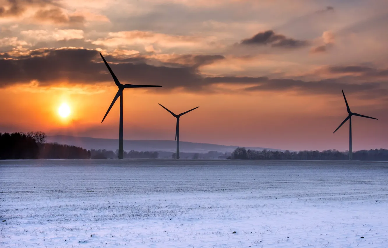Photo wallpaper winter, sunset, windmills