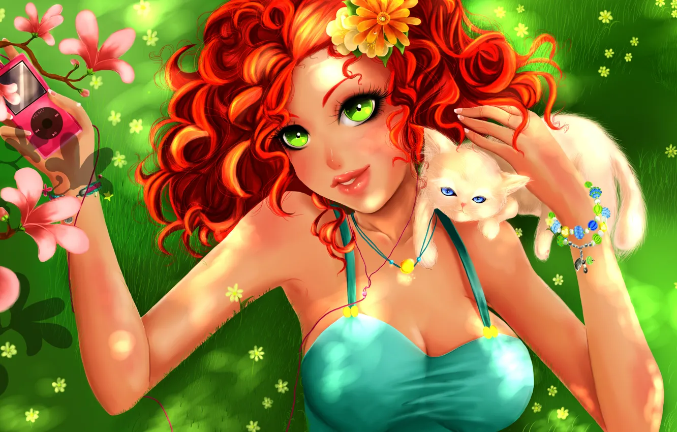 Photo wallpaper look, girl, flowers, tree, cat, anime, art, red hair