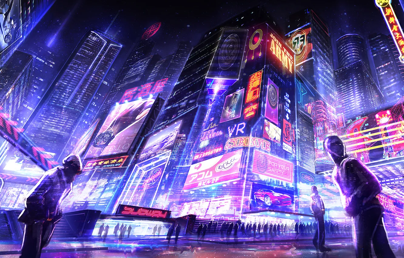 Photo wallpaper the city, street, skyscrapers, neon, the evening, art, sign, megapolis