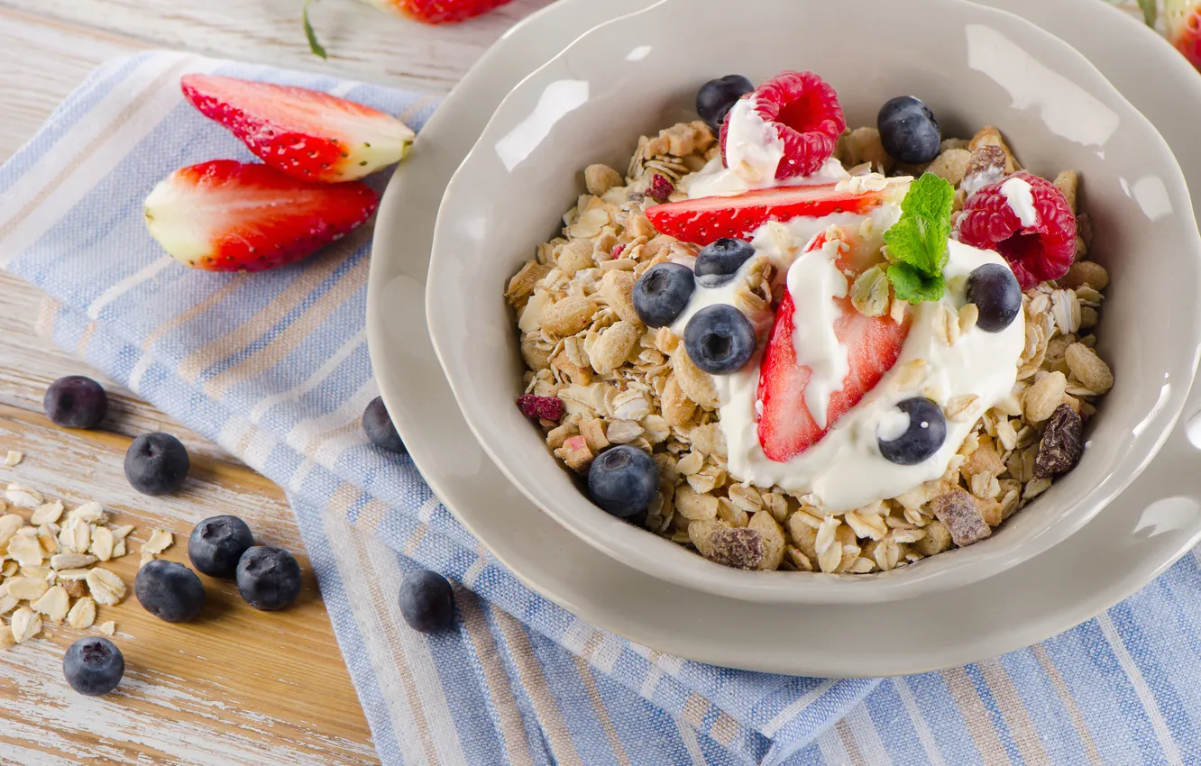 Photo wallpaper berries, Breakfast, blueberries, strawberry, cereals, fresh, berries, breakfast