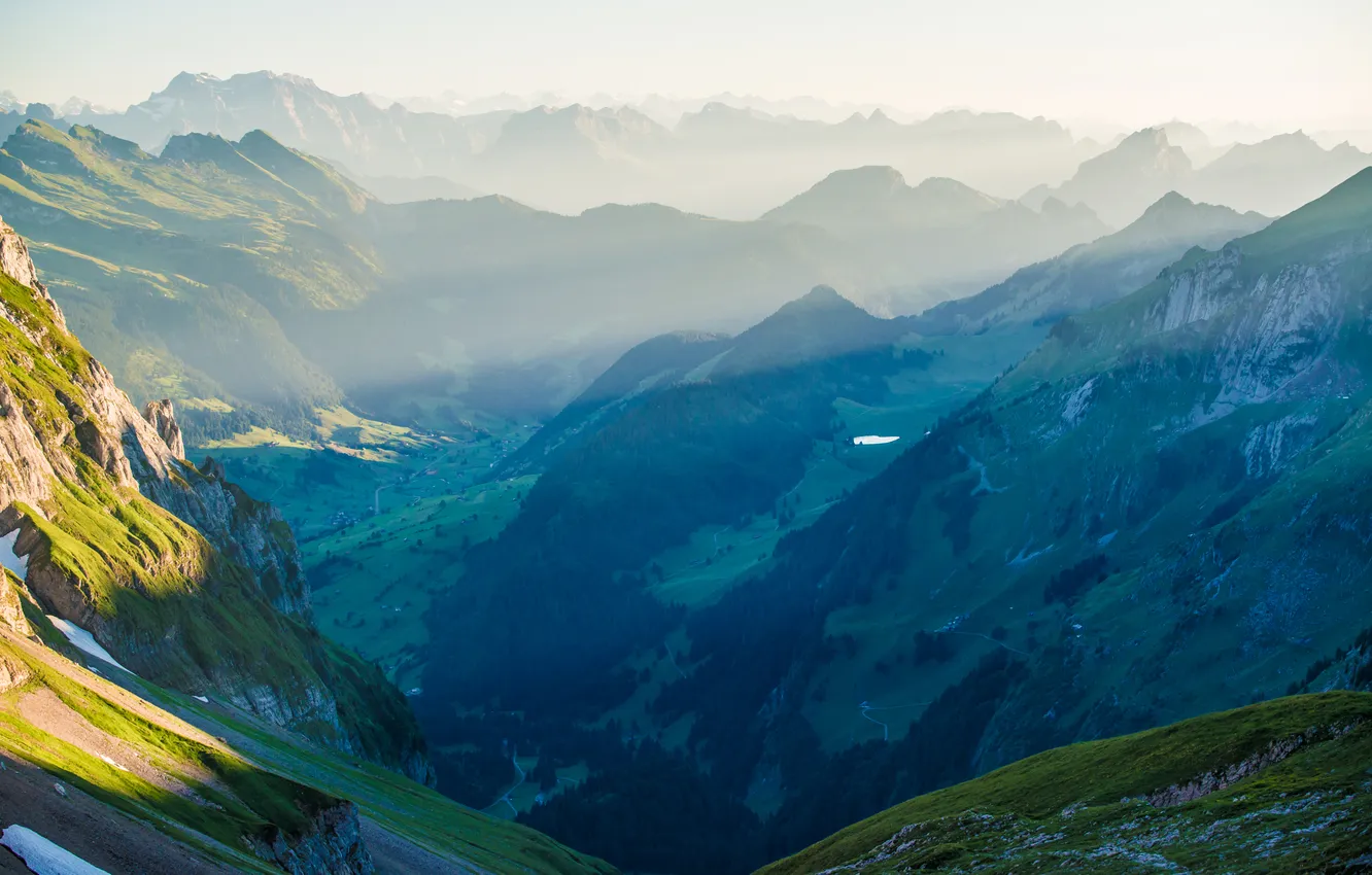 Photo wallpaper forest, landscape, mountains, valley, mountain range, panorama, Switzerland in the Alpsteinmassiv, Rotstein pass