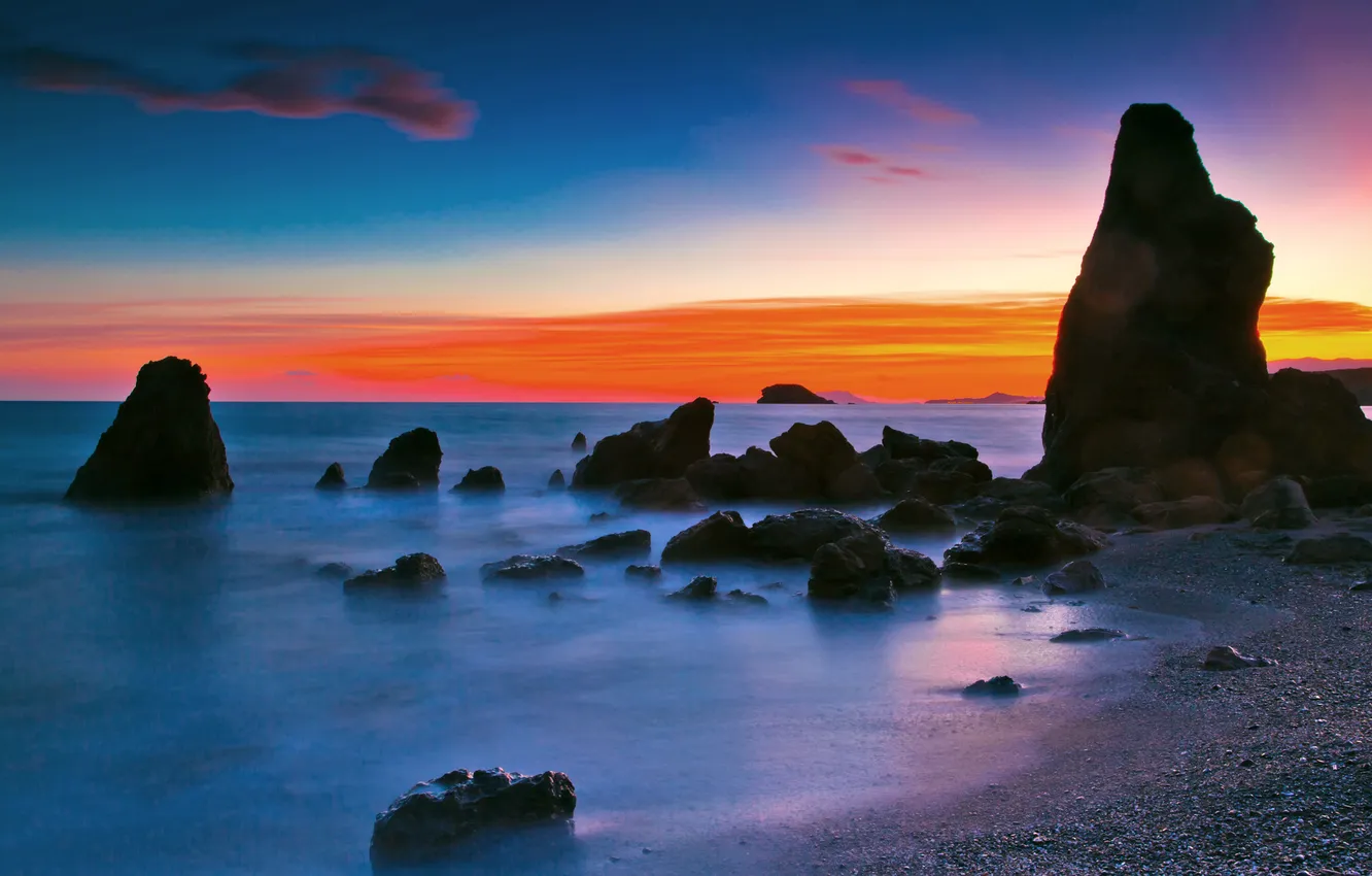 Photo wallpaper sea, sunset, rocks, the evening