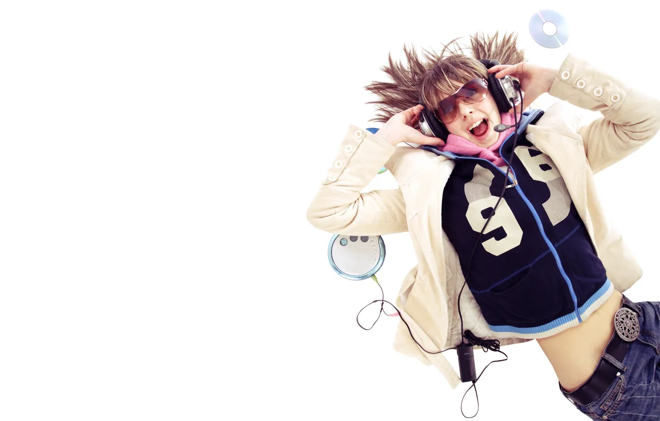 Photo wallpaper girl, joy, mood, jeans, headphones, glasses, jacket, player