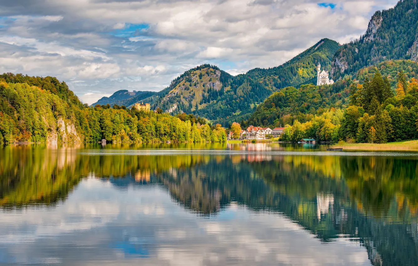 Photo wallpaper Clouds, Reflection, Mountains, Lake, Germany, Neuschwanstein, Locks