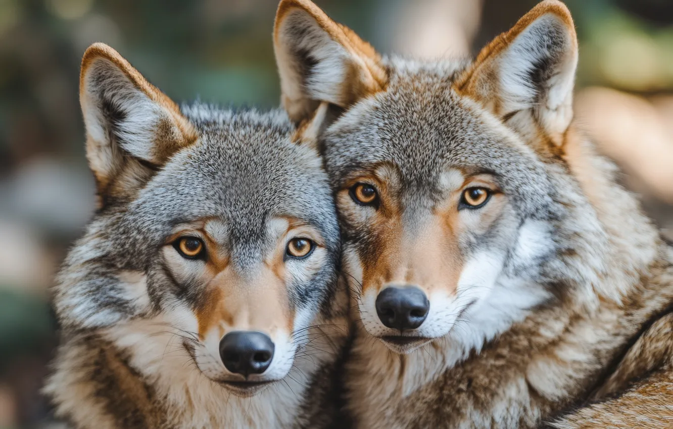 Photo wallpaper look, wolf, portrait, pair, wolves, grey, Duo, muzzle