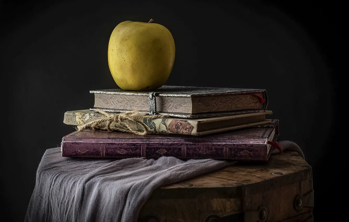 Photo wallpaper style, books, Apple, chest, still life