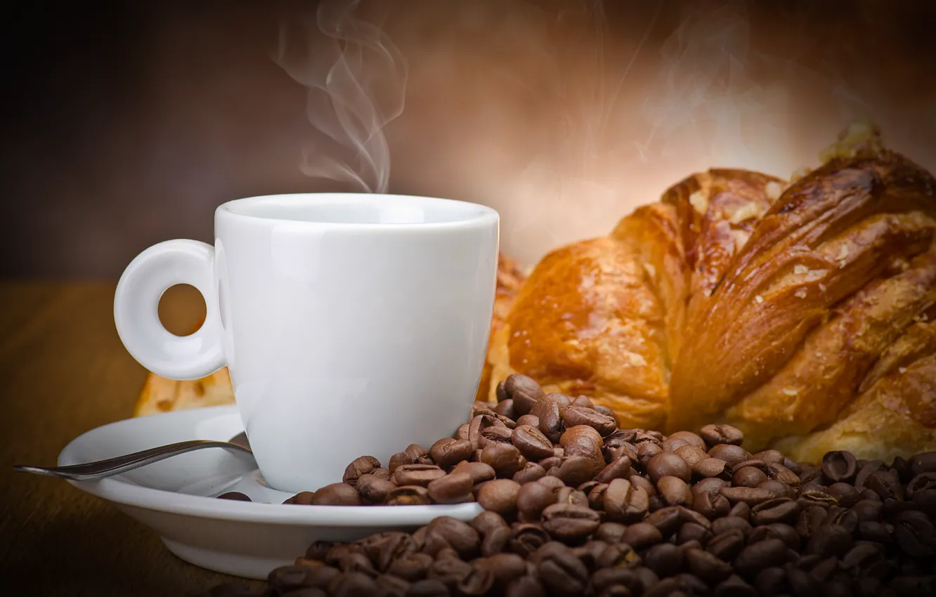 Photo wallpaper coffee, grain, Cup, white, drink, muffin, croissant