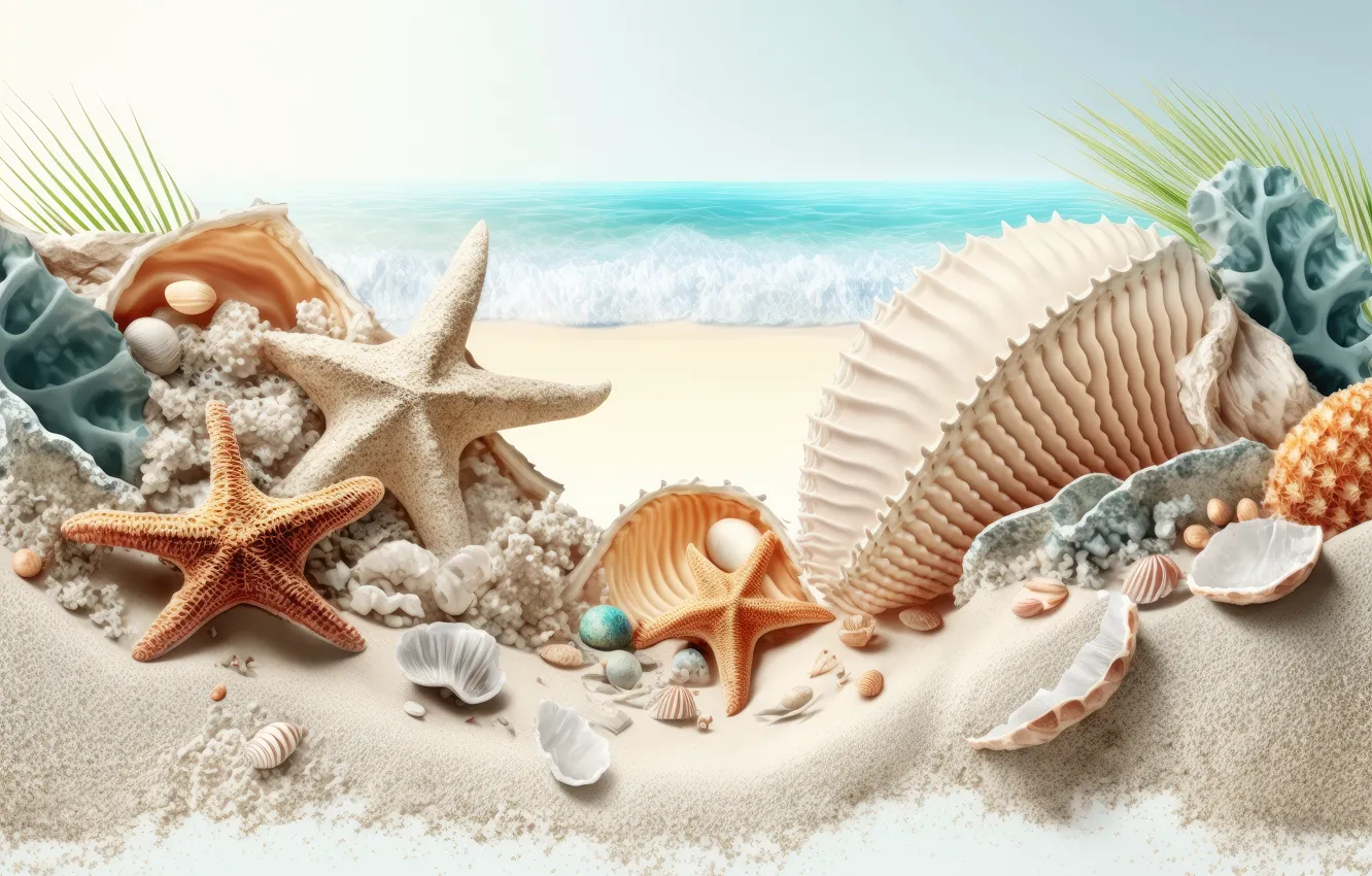 Photo wallpaper sea, beach, the ocean, shore, shell, starfish, seashells, seashell