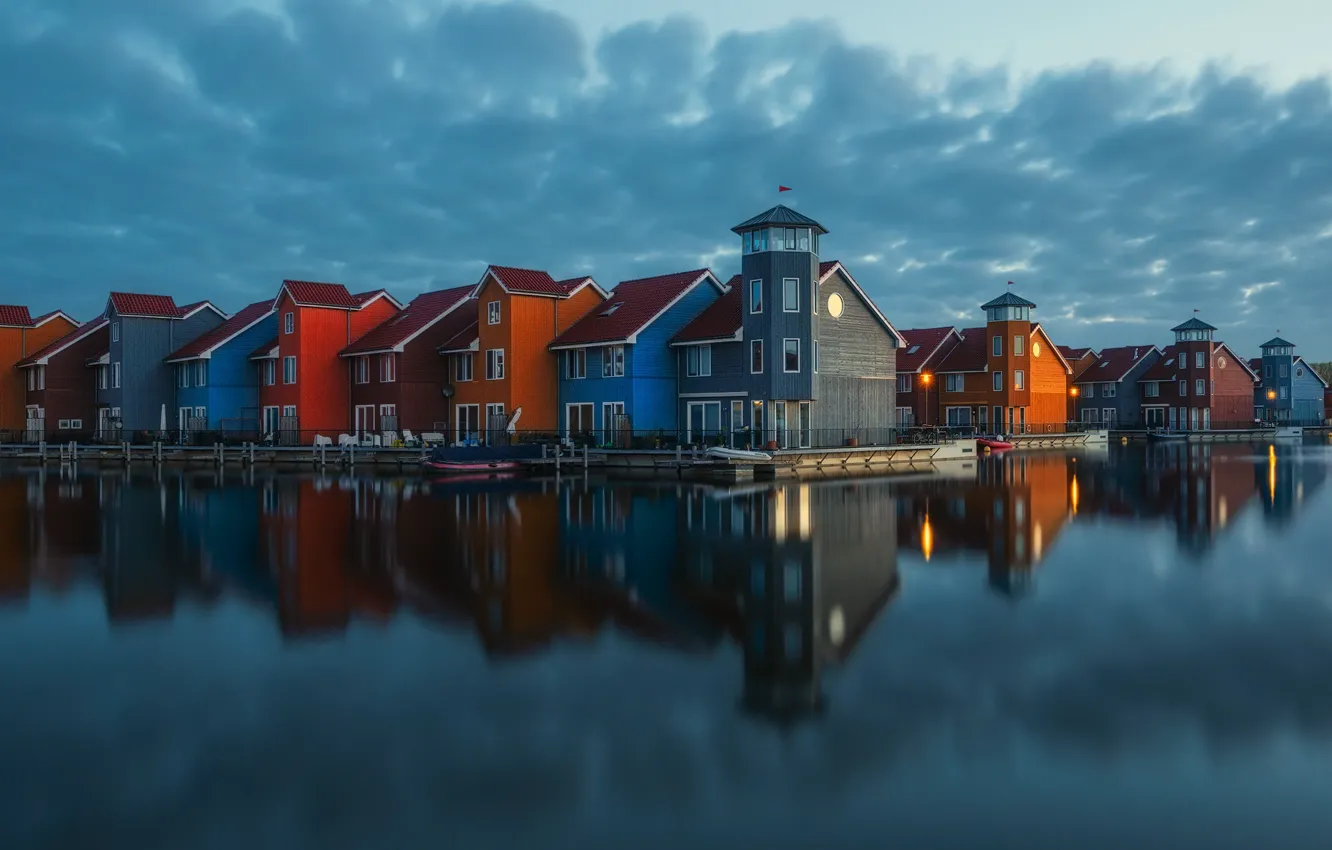 Photo wallpaper water, clouds, the city, reflection, home, Netherlands, Groningen, Pawel Kucharski