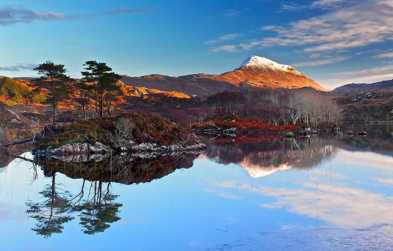 Photo wallpaper sea, the sky, clouds, snow, trees, sunset, mountains, lake