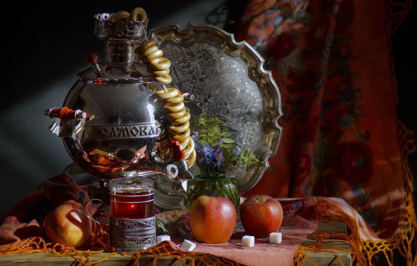 Photo wallpaper flowers, glass, tea, apples, sugar, vase, still life, samovar