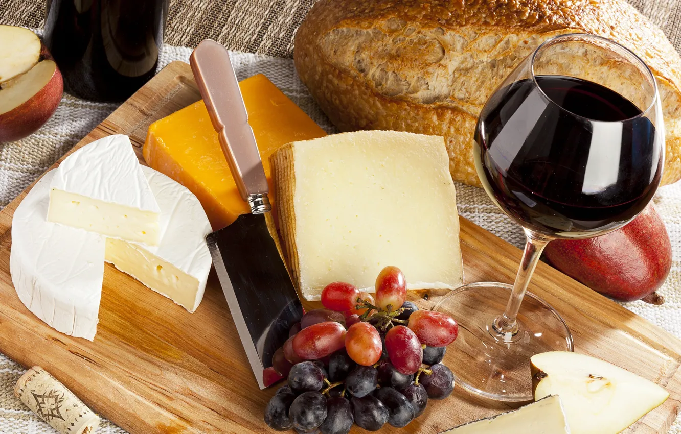 Photo wallpaper wine, apples, cheese, grapes