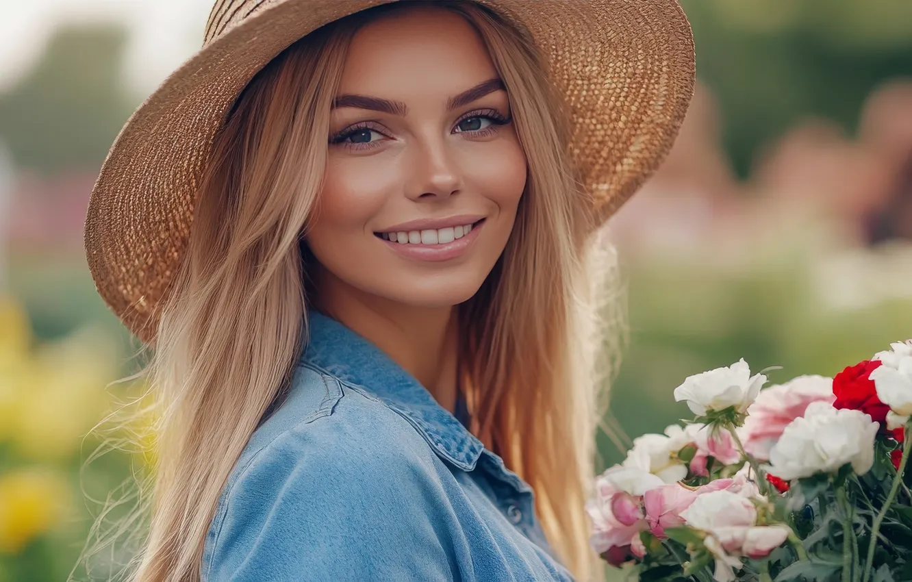 Photo wallpaper look, girl, flowers, red, nature, smile, portrait, roses