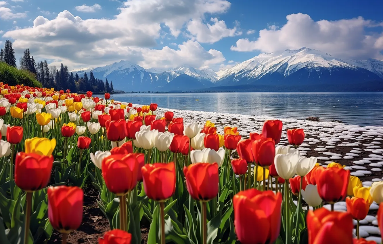 Photo wallpaper flowers, spring, colorful, tulips, red, sunshine, landscape, nature