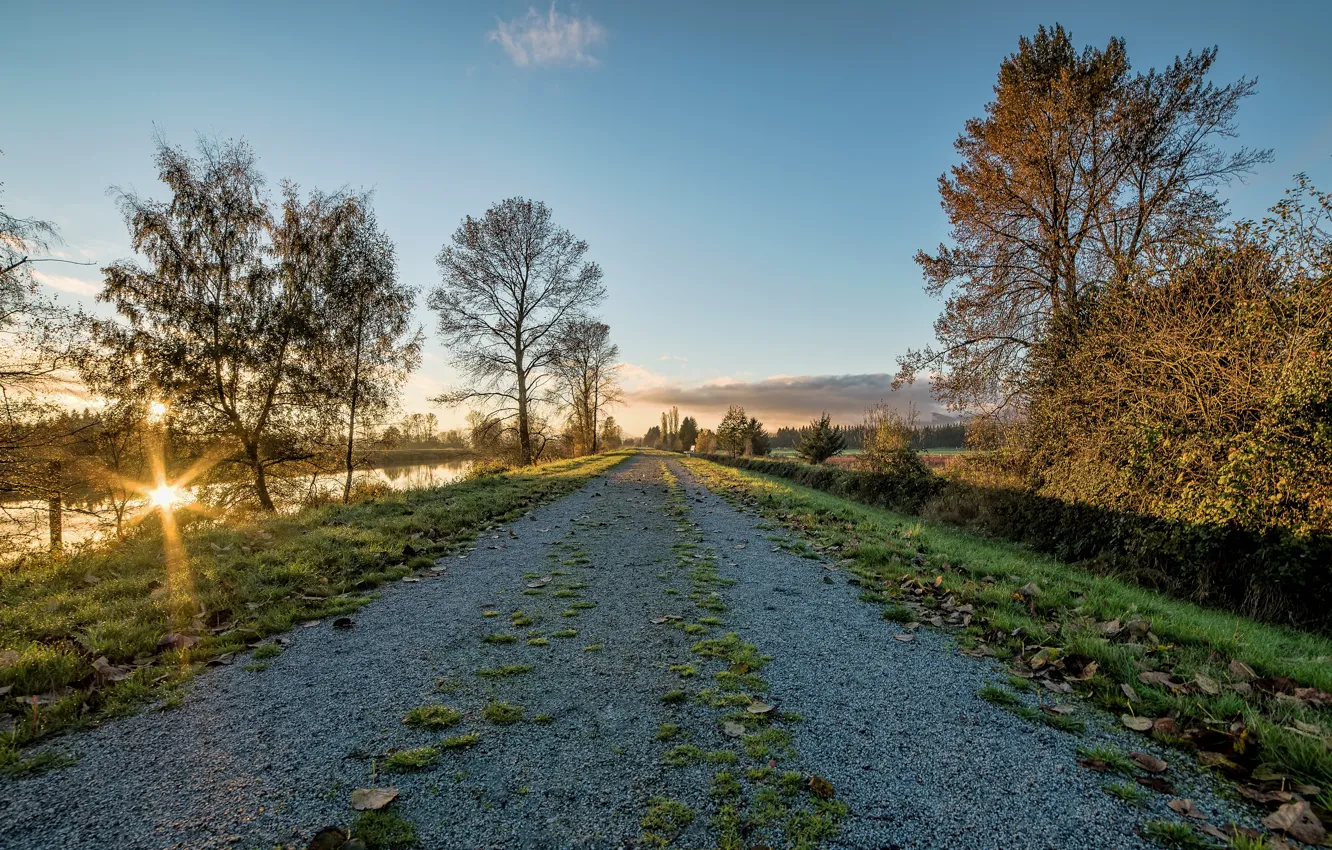 Photo wallpaper road, autumn, sunset, lake, Park, river