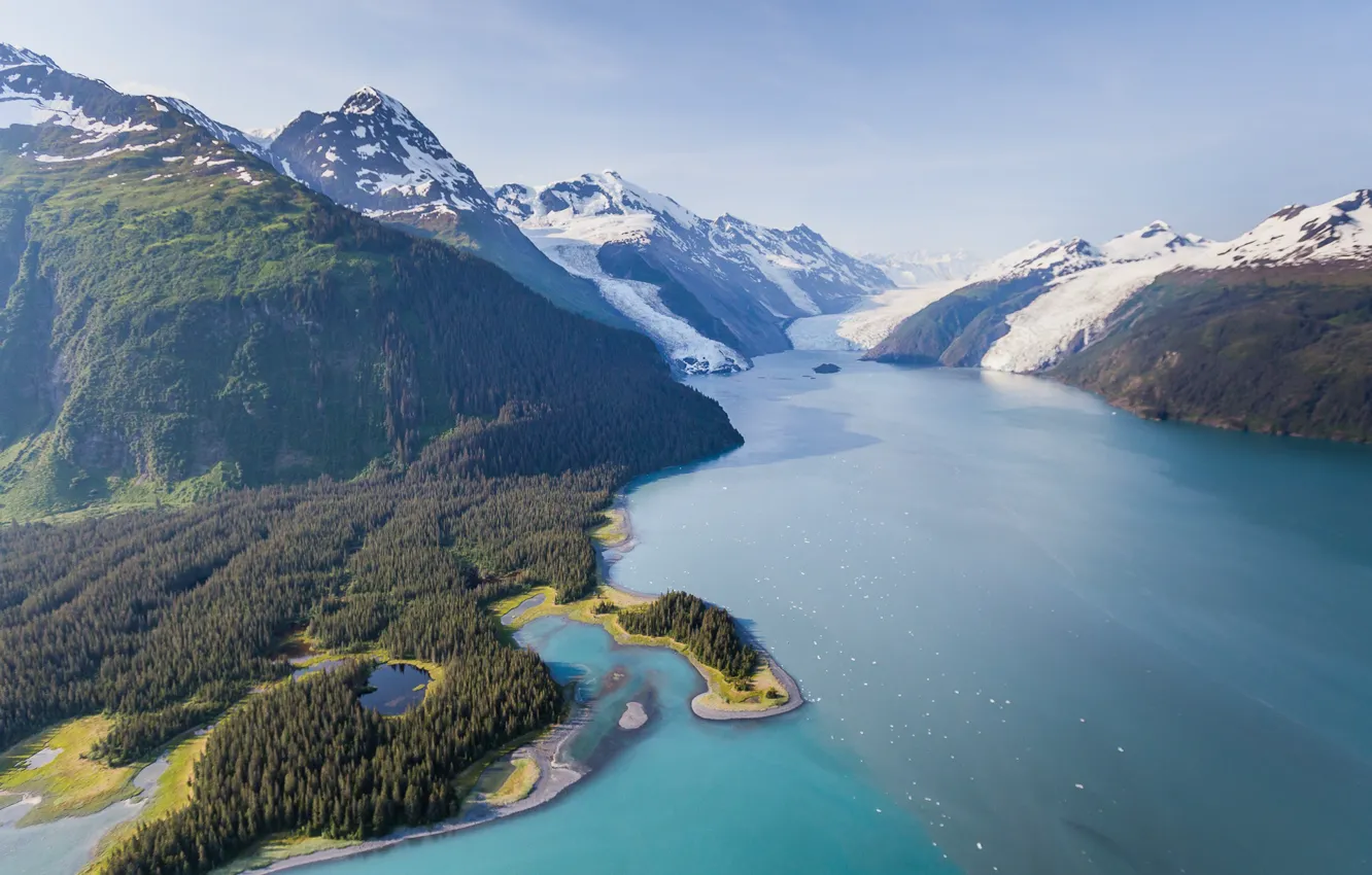 Photo wallpaper forest, the sky, mountains, Bay, Alaska