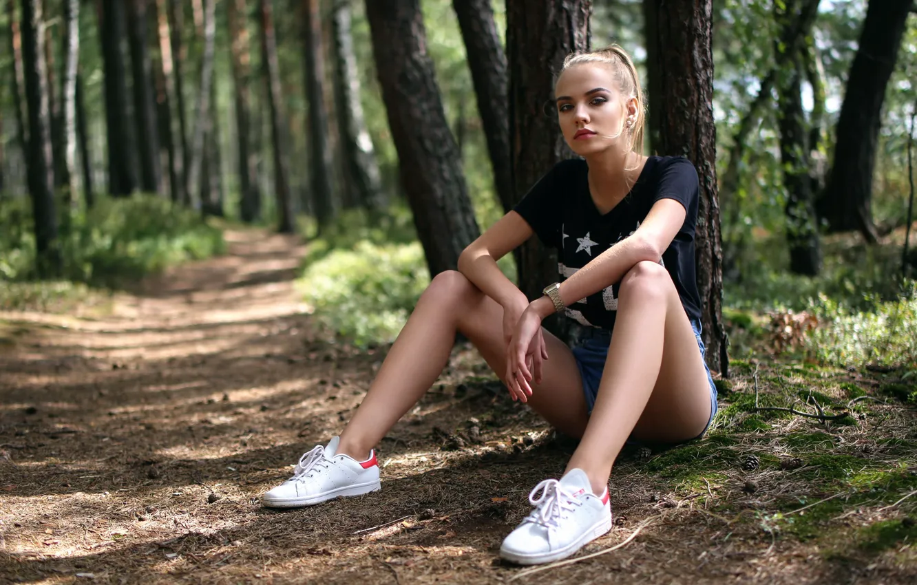 Photo wallpaper forest, shorts, legs, Andrey Zhukov, Anastasia Afanasieva