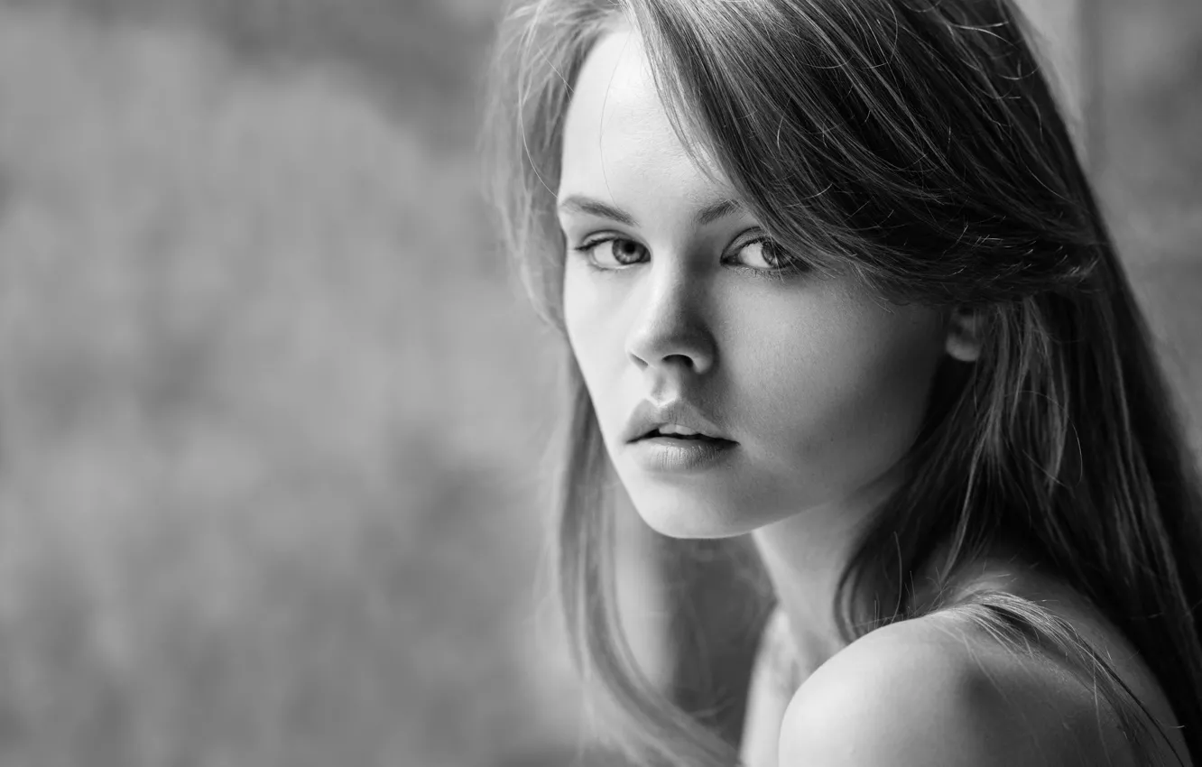 Photo wallpaper look, girl, face, sweetheart, model, lips, black and white, beautiful