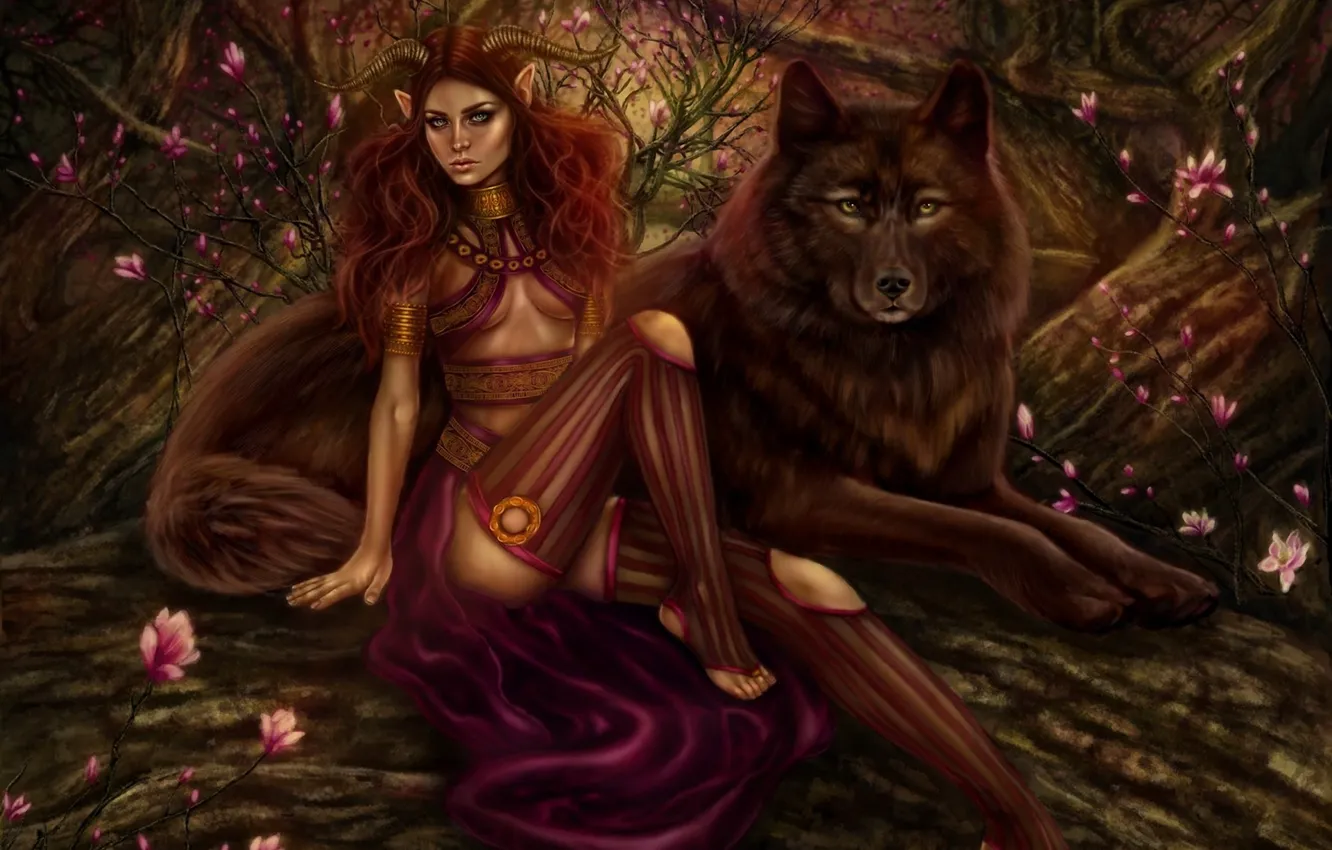 Photo wallpaper forest, girl, trees, flowers, wolf, predator, the demon, art
