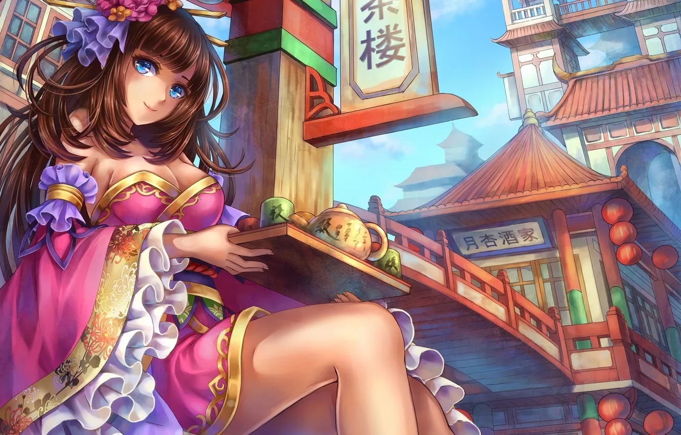 Photo wallpaper look, bright colors, girl, the city, smile, fruit, art, tandolcedeco